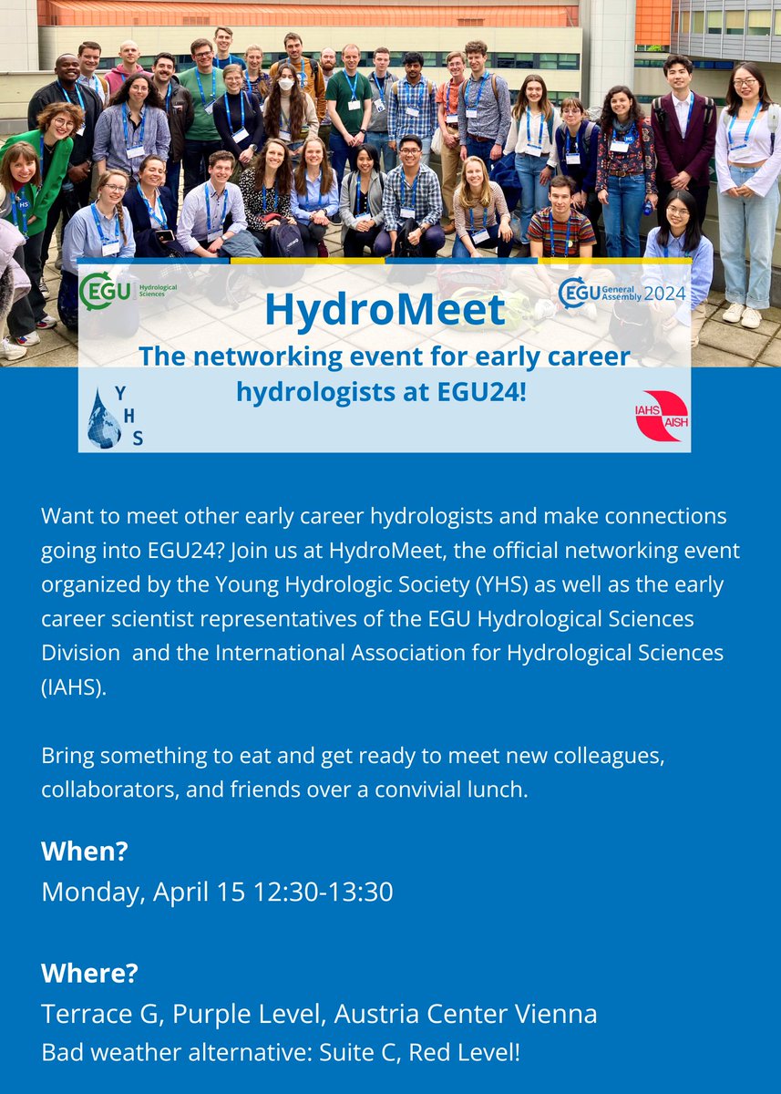 Going to #EGU24? Join us for HydroMeet, the official networking event for early career hydrologists, organised together with @YoungHydrology and ECS from @IAHS_AISH. Grab your food and drink and meet your colleagues, share your ideas and get inspired at this informal lunch!🌏💧