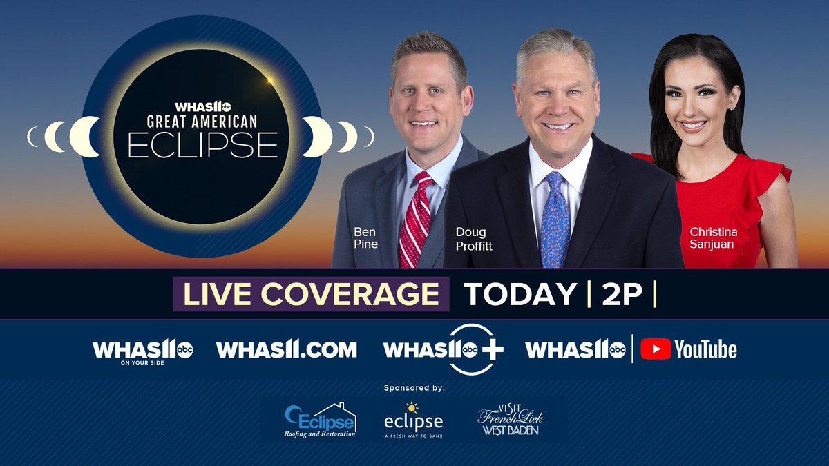 #Eclipse coverage from <a href="/WHAS11/">WHAS11 News</a>: LIVE Team coverage starting at 2:00p @WHAS11Ben <a href="/christina_wx/">Christina Sanjuan</a> <a href="/WHAS11Doug/">Doug Proffitt WHAS11 News Anchor</a> @WXAlden <a href="/whas11reed/">Reed Yadon</a> <a href="/WHAS11Hasch/">Brooke Hasch</a>