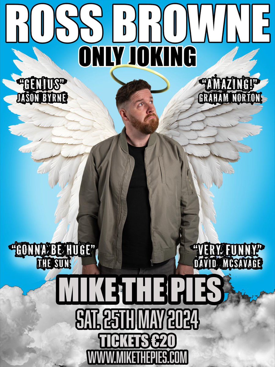 Delighted to announce that Comedian Ross Browne returns to Mike the Pies on Saturday 25th May. Tickets are €20 and are on Sale now. mikethepies.com/gigs/ross-brow…