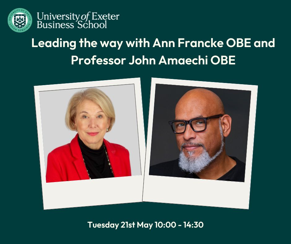We’re thrilled to be welcoming two distinguished thought leaders: Ann Francke OBE and Professor John Amaechi OBE to our campus. 📅 Tuesday 21st May ⏰ 10:00 - 14:30 📍Alumni Auditorium, Streatham Campus Book here 👉 ow.ly/UjRR50R7kqJ #Leadership #ProfessionalDevelopment