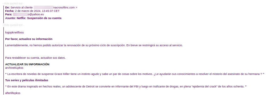 guardiacivil's tweet photo. Si recibes un mail que te alerta de que tu suscripción a Netflix no ha podido ser renovada por un problema en el pago con tu entidad bancaria, ten cuidado ⚠️podría tratarse de una #estafa⚠️

En @Incibe te lo explican 👇
https://t.co/oSAeXx4kpC https://t.co/5ygDGGA1Nz