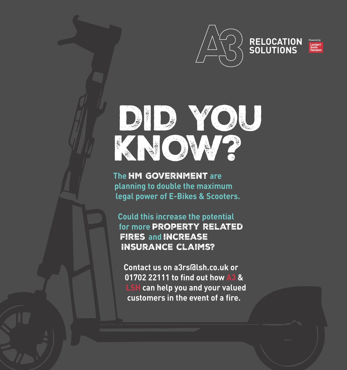 According to the London Fire Brigade website, E Scooter and E Bikes are becoming an ever-growing fire risk in the capital. Contact #A3Relocation at a3rs@lsh.co.uk to find out how we can help you to mitigate these risks in your building. #EScooter #InsuranceClaims