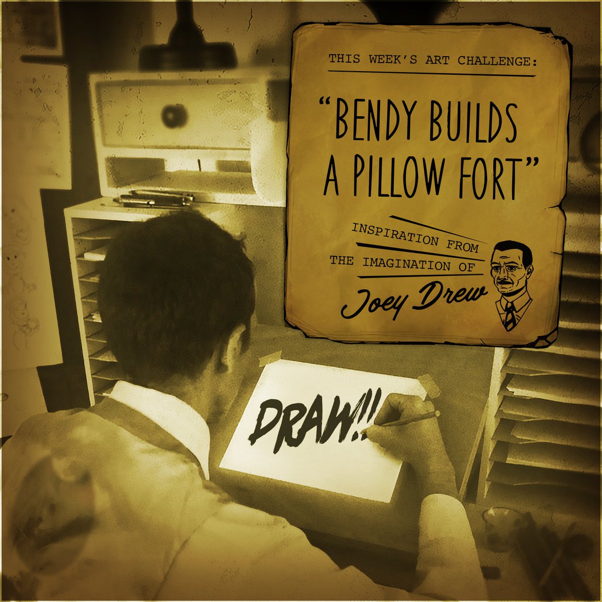 Bendy’s fort is ready for the pillow fight! Let’s see your artist’s interpretation! 🎨🖌️ This week’s art challenge has been placed on your desk. Go! #JoeysArtChallenge