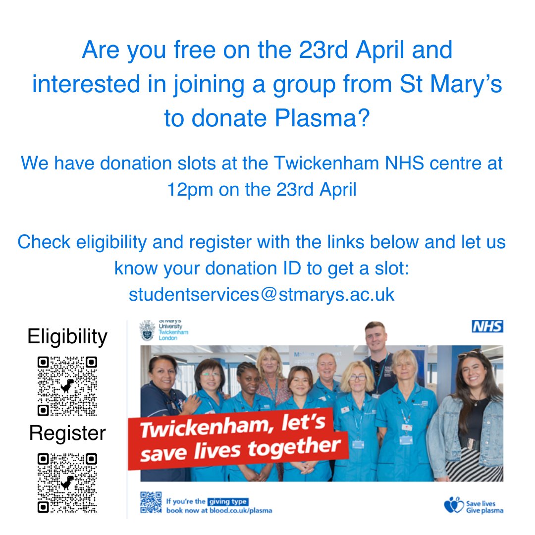 . @YourStMarys & @GiveBloodNHS #Plasma Team have partnered together for #NationalPlasmaDonorWeek on Monday 22nd April – Friday 26th April. St Mary’s University Staff & Simmie’s have been invited to donate plasma on 23/04 at 12pm & will be registered to go as a group.