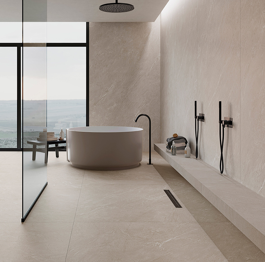 The surfaces you choose for the bathroom need to work on a practical level in terms of ease of cleaning and durability too. Inalco MDi from CRL Stone fully fits this brief. Pictured: Pacific Blanco walls and floors . #bathroom #wallcladding #flooring