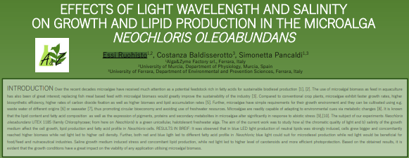 🌱🔬 Exciting findings from ESR Essi Ruohisto on the effects of light wavelength and salinity on Neochloris oleoabundans! 💡💧 Learn how different conditions influence growth, lipid production, and fatty acid profiles in microalgae. 📊🌿 Read the poster ➡️cutt.ly/Ow4aNvOm