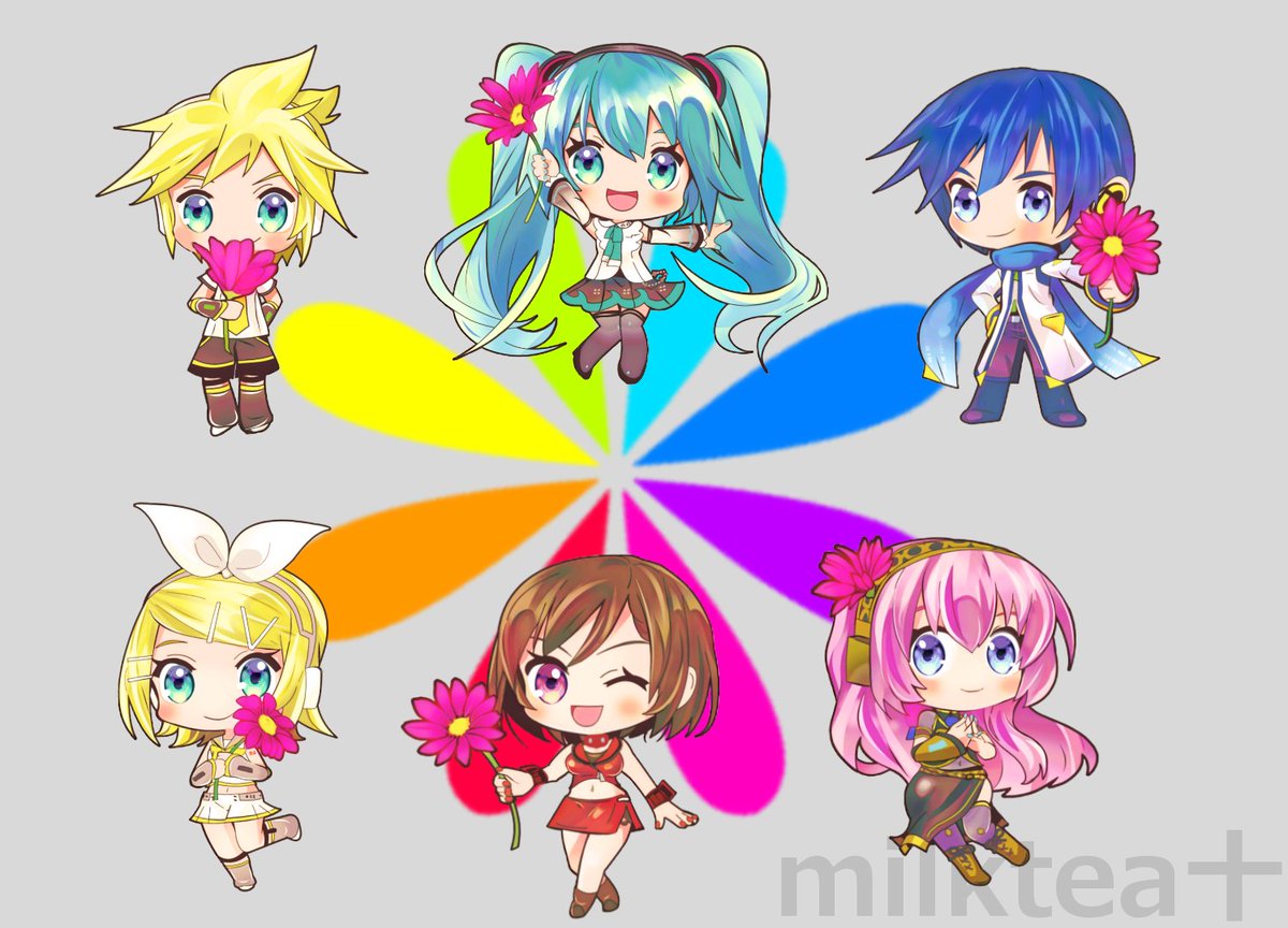 hatsune miku ,kagamine len ,kagamine rin ,kaito (vocaloid) ,megurine luka ,meiko (vocaloid) long hair looking at viewer smile open mouth short hair blue eyes simple background  illustration images