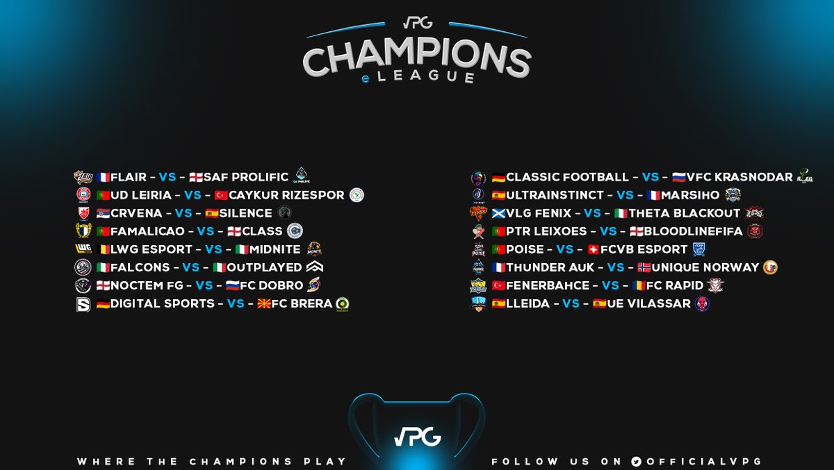 🏆 Champions eLeague ⚽️ 11v11 Pro Clubs @EASPORTSFC 💰 $2500 in prizes! 🆚 Round of 32! 💻 virtualprogaming.com/tournament/Cha… 👊Best of luck to all teams in the KO stages! 🇹🇷@FBespor 🇵🇹 @UDLeiriaesports 🇪🇸 @LleidaeSports_ 🇵🇹 @PoiseGaming_ 🇮🇹 @FalconsVPC 🇫🇷 @FlairVPG 🇵🇹 @famaesports…