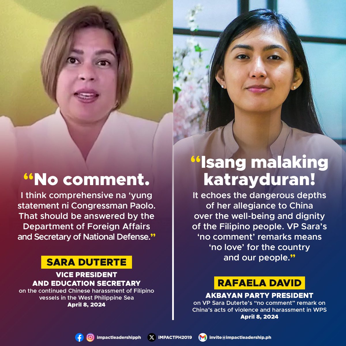 'MOST TRAITOROUS TWO WORDS'

Akbayan President Rafaela David says VP Sara Duterte's 'no comment' remark on China's acts of violence and harassment in the West Philippine Sea (WPS) 'epitomizes the most traitorous two words uttered by the second highest leader of the land'.