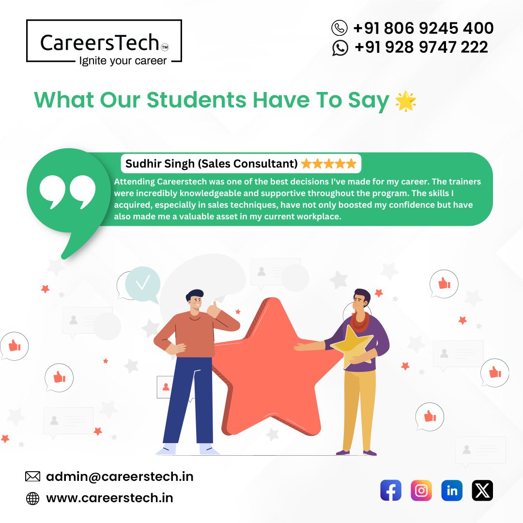 🌟 Our students speak for themselves!
.
.
𝐂𝐨𝐧𝐭𝐚𝐜𝐭 𝐔𝐬 👇
📞 +91-8069245400
📲 +91-9289747222
🌐 careerstech.in
📩 admin@careerstech.in
.
.
.
#CareersTech #studenttestimonials #educationexcellence #studentvoices #happystudents #reviews #studentreview