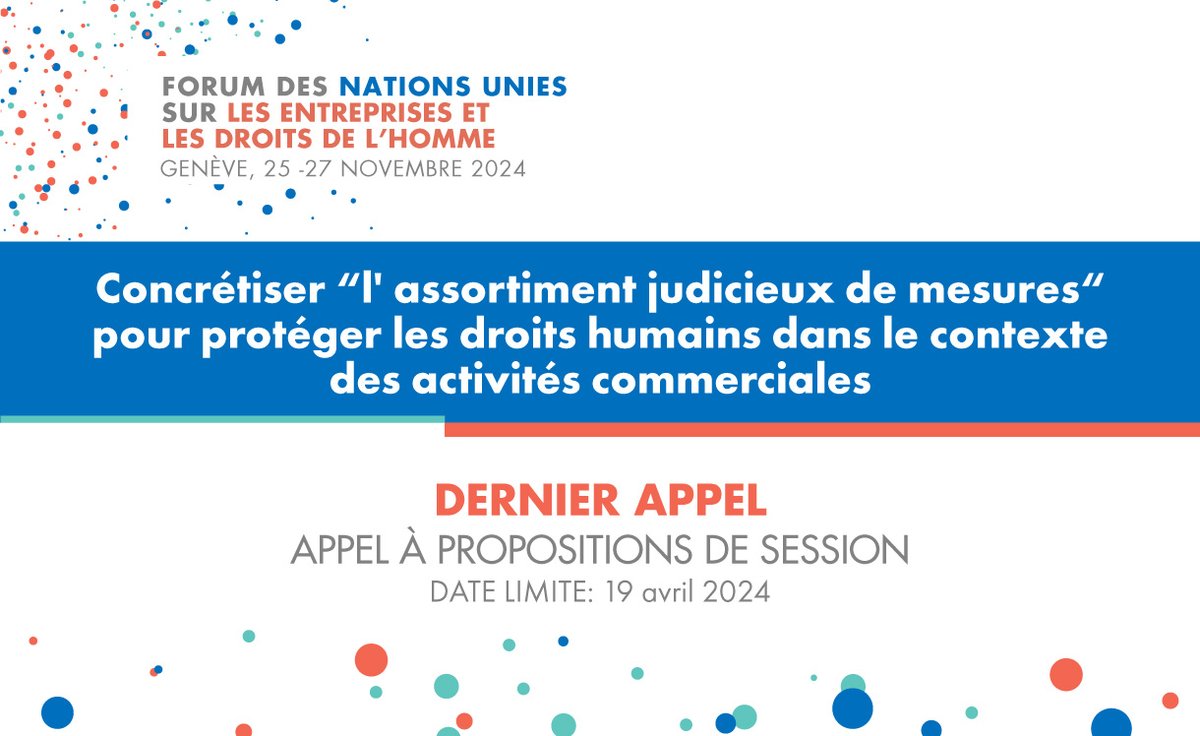 📢Dernier appel! Le @WGBIzHRs rappelle à tous que l'appel à propositions de sessions pour le 13e #UNForumBHR est ouvert jusqu'au 19 avril 2024. 🔗Plus d'info : ohchr.org/fr/events/sess… @eastforeden @InclusiveLaw @fernanda_ho @dsolawuyi @UN_SPExperts @WGBizHRs @UN_SPExperts