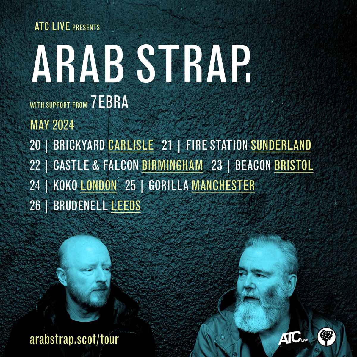 Very happy to announce that <a href="/7ebra_/">7ebra</a> will be touring with us again this year! Supporting on all English dates below, so make sure you're there in plenty of time because they're brilliant.

Tickets here: arabstrap.scot/tour