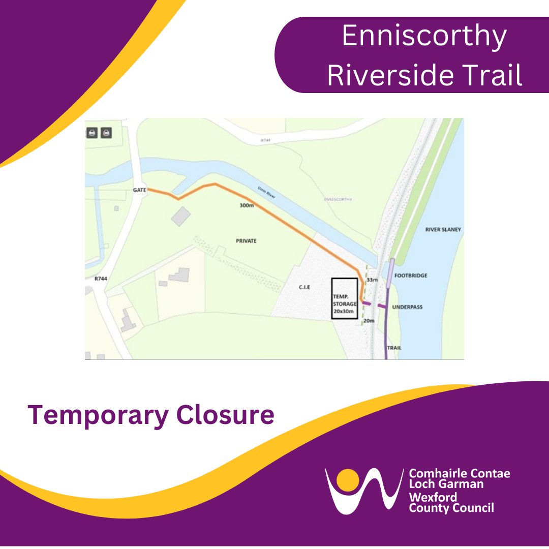 Enniscorthy Riverside Trail - Update The rehabilitation of the Riverside Trail is proceeding well & is expected to be completed prior to 26th April. The Urrin Loop on the south bank is complete. The contractor is preparing to start realigning the Urrin Loop on the north bank.