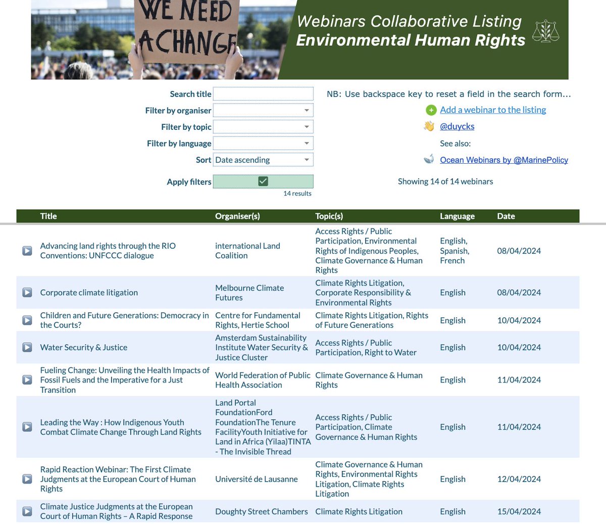 🆕 🗣 Public service announcement: here is a new collaborative listing of webinars related to environmental rights ⚖ 🌱 🌍 🚀 🔊 Let's make info about webinars organized on these matters around the world more readily available! 🔗link to the listing: bit.ly/GreenRightsWeb… 1/4