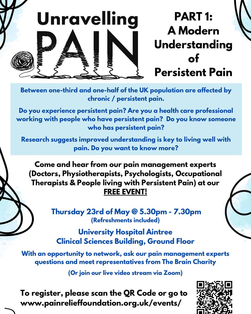@thebraincharity is excited to be involved in this free event where you can learn about our most up-to-date understanding of persistent pain with experts from @PainReliefteam and @TheWaltonCentre 📅 Date: May 23 🕒 Time: 5:30 to 7:30pm 📍 Place: University Hospital Aintree