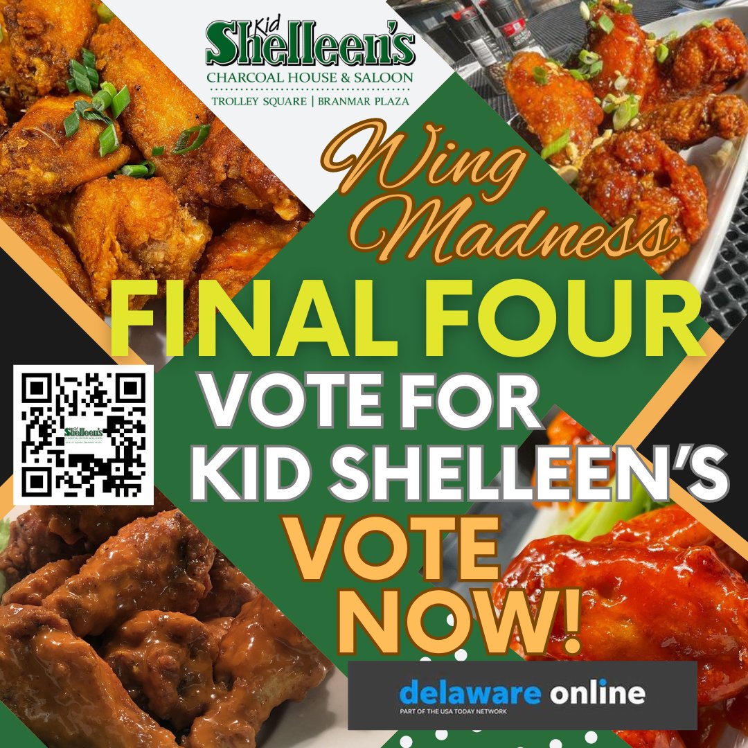 Our sister restaurant, Kid Shelleen's, is in the Final Four for the @delawareonline Wing Madness!!! Vote NOW to get them to the championship! Click on the link to vote: delawareonline.com/story/entertai… @delawareonline #wingmadness #votekidshelleens