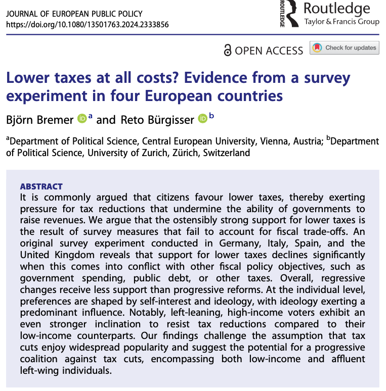 𝐃𝐨 𝐜𝐢𝐭𝐢𝐳𝐞𝐧𝐬 𝐰𝐚𝐧𝐭 𝐥𝐨𝐰𝐞𝐫 𝐭𝐚𝐱𝐞𝐬 𝐚𝐭 𝐚𝐥𝐥 𝐜𝐨𝐬𝐭𝐬? Using a survey experiment in 🇩🇪🇪🇸🇬🇧🇮🇹, @bjoern_bremer and I study attitudes towards taxation in a new @jepp_journal article. #OpenAccess Paper: doi.org/10.1080/135017… 🧵about the findings below: