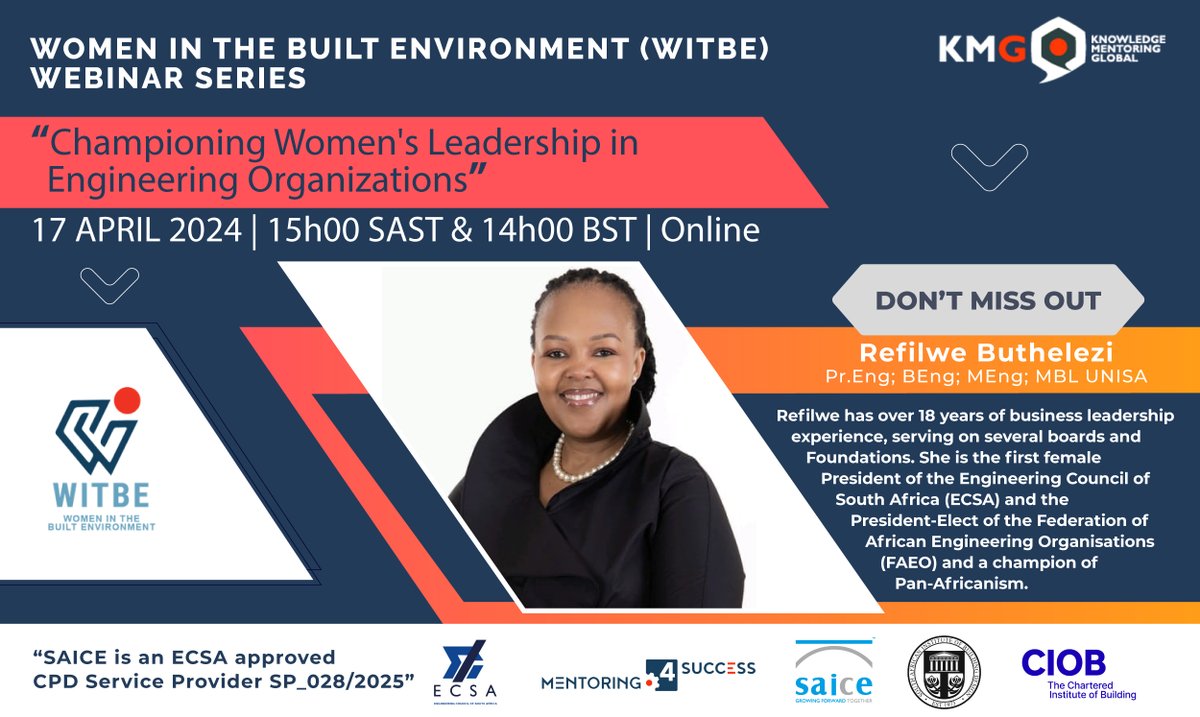 Remember to join us for a WITBE Webinar on the 17th of April 2024, featuring Refilwe Buthelezi as she speaks on “Championing Women’s Leadership in Engineering Organisations”. Click on the link to register: teams.microsoft.com/registration/2…