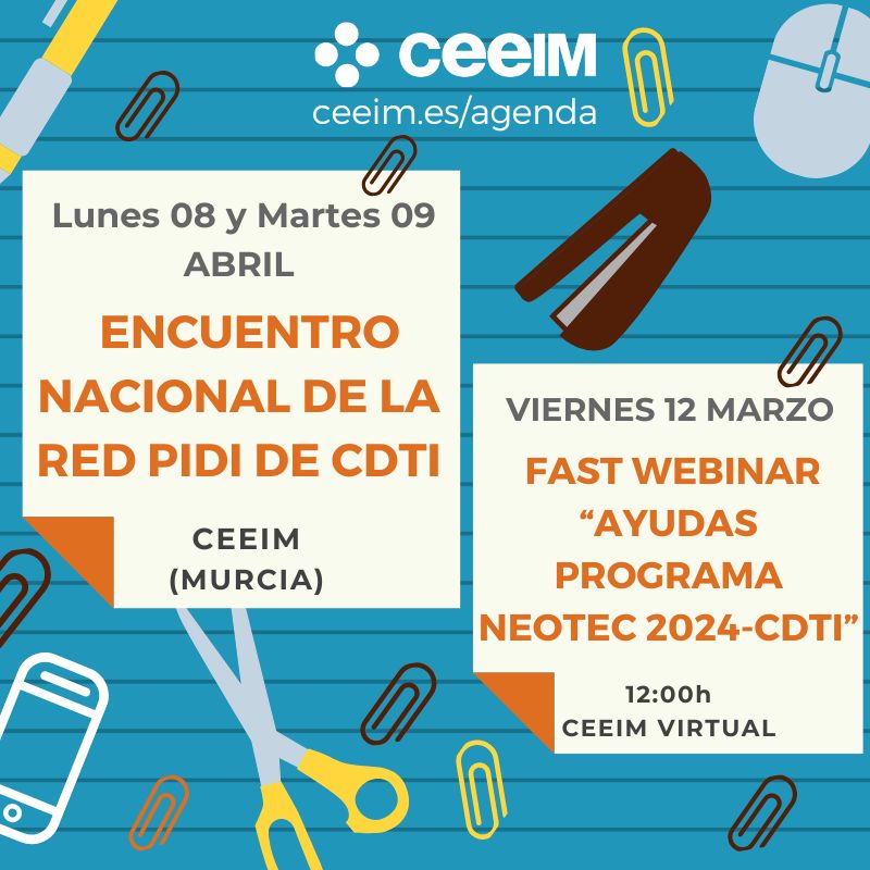 CeeiMurcia's tweet image. 🔵⚫ ¡Muy atento a la #AgendaCEEIM de esta semana!

👉🏼 Encuentro nacional de la red de puntos de información sobre la financiación pública de la I+D+i
👉🏼 Fast webinar sobre las #AyudasNEOTEC para la creación y consolidación de empresas tecnológicas.

🔗 ceeim.es/es/agenda/