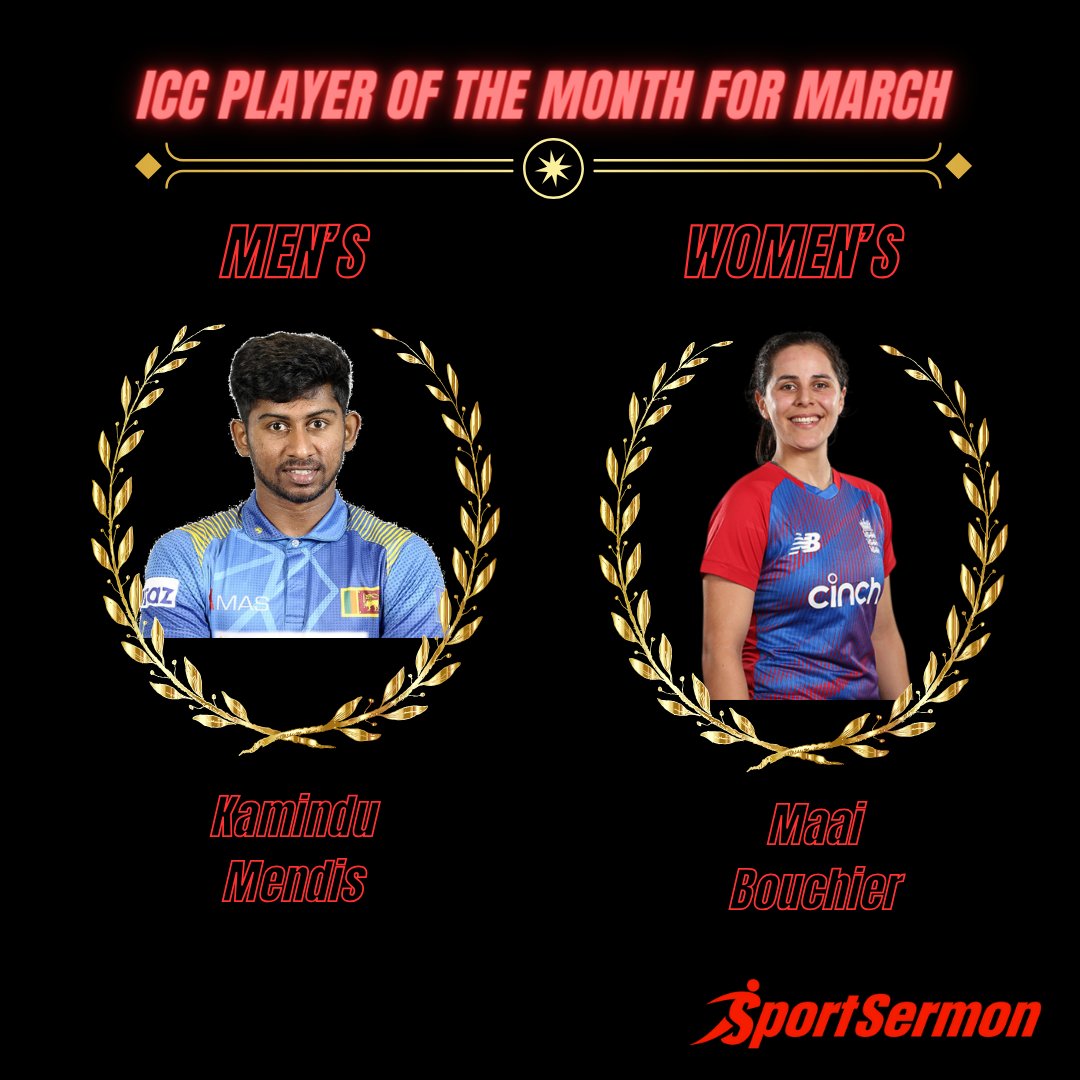 #ICC has crowned the winners for #ICCPlayerOfTheMonth for #March!
#KaminduMendis & #MaaiBouchier receive the honor. Who among the duo are your favorites?? Share with us your views!!

#ICCAwards #ICCPlayeroftheMonth #cricketupdate #BreakingNews #Sportsermon