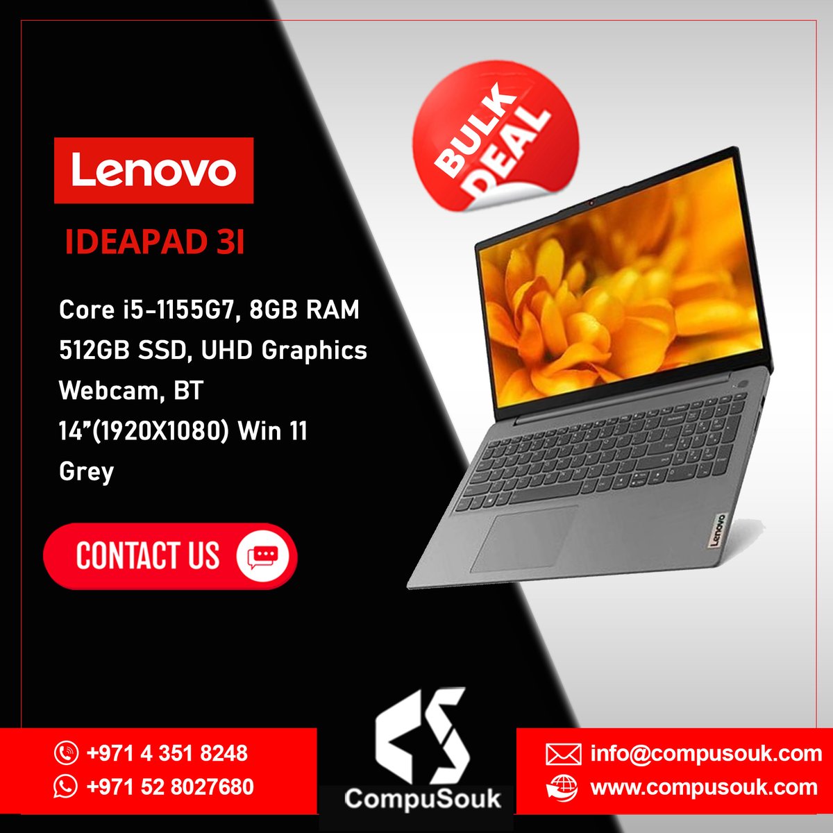 #Lenovo #Ideapad3i - ☑️ i5-1155G7 ☑️ 8GB ☑️ 512GB SSD
Visit for more Deals compusouk.com/daily-deals/
Shipping Worldwide

#Compusouk #ComputerHardwaresales #Laptopdealers #WholesaleTechnology #HardwareWholesale #Laptopsupply #ITSupplies #WholesaleElectronics #ITProducts