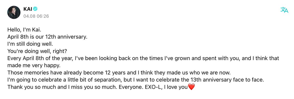 radioexols2's tweet photo. Weverse update from Jongin!!!! β€οΈ
Kai will always find a way to say he loves us!
EXO 12TH ANNIVERSARY
#μμμ_ν¨κ»ν_μ΄λλ²μ§Έ_λ΄ #12th_Spring_With_EXO
#μ°λ¦¬λ€μ_μμννΌν°ν¬_μμ
#Our_Eternal_PeterPan_EXO
#WithEXOForLife
#12YearsWithEXO
@weareoneEXO #EXO https://t.co/qFKUAm2LXX