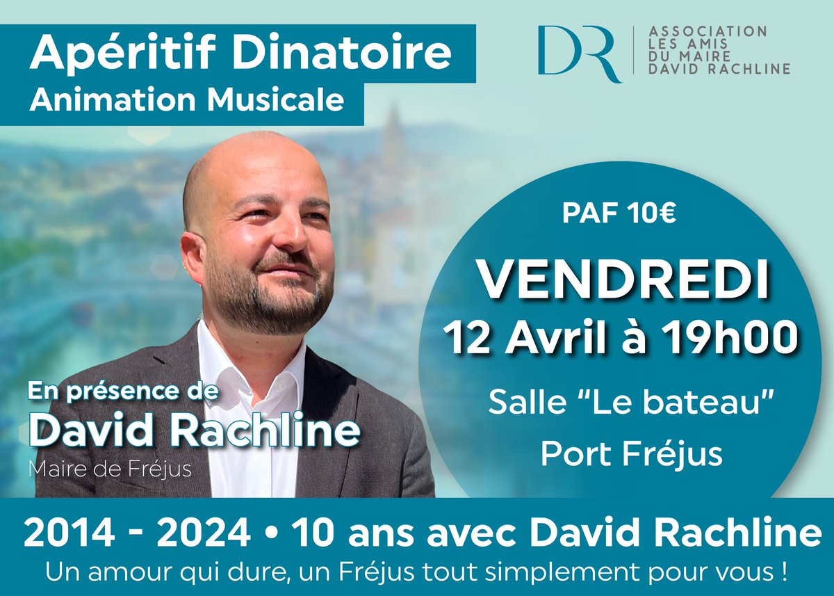 ✨ Chers amis, l’association des Amis du Maire organise un apéritif dînatoire vendredi 12 avril, à 19h, à Port-Fréjus, pour fêter les 10 ans de mandat de @david_rachline. Nous vous y attendons nombreux pour célébrer cette décennie de réalisations et de chemin parcouru, ensemble.