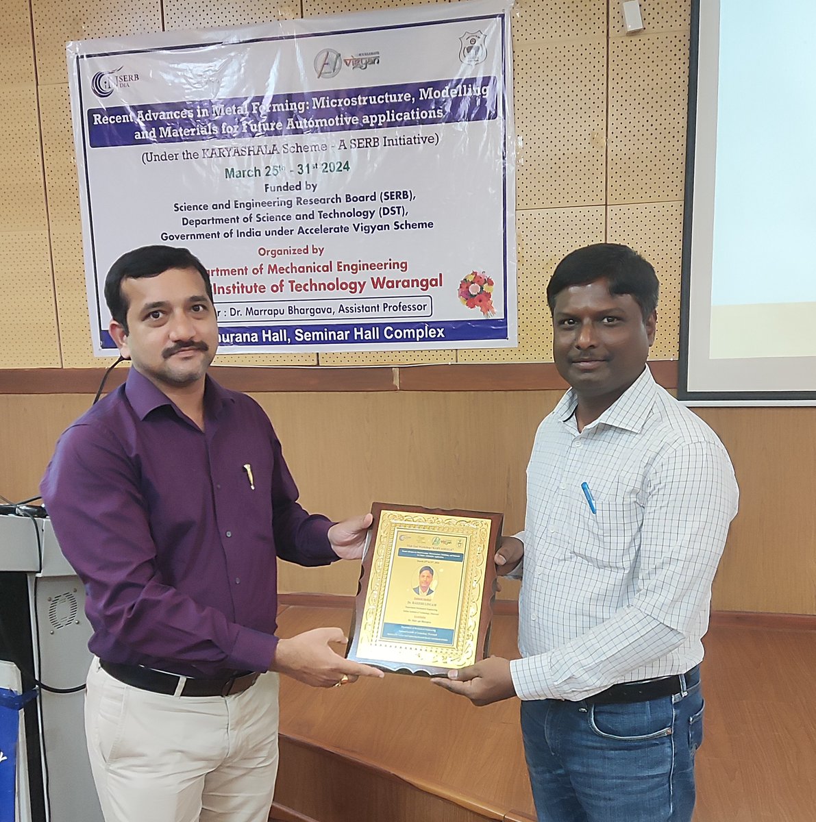 Dr. Rakesh Lingam, Assistant Professor of Mechanical, Materials, and Aerospace Engineering, IIT Dharwad recently delivered a guest lecture on Hybrid Metal Forming Processes at the Karyashala workshop organized by Dr. Bhargave Marrapu at NIT Warangal. The event was part of the