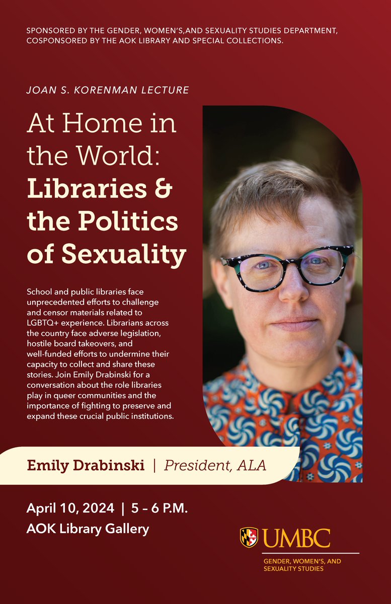 Heeey, Baltimore! Emily Drabinski, President of the American Library Association is coming to @UMBC this Wednesday to talk about libraries and the politics of sexuality. Please join us from 5-6pm in the Library Gallery. DM me if you need parking advice. Free and open to all!