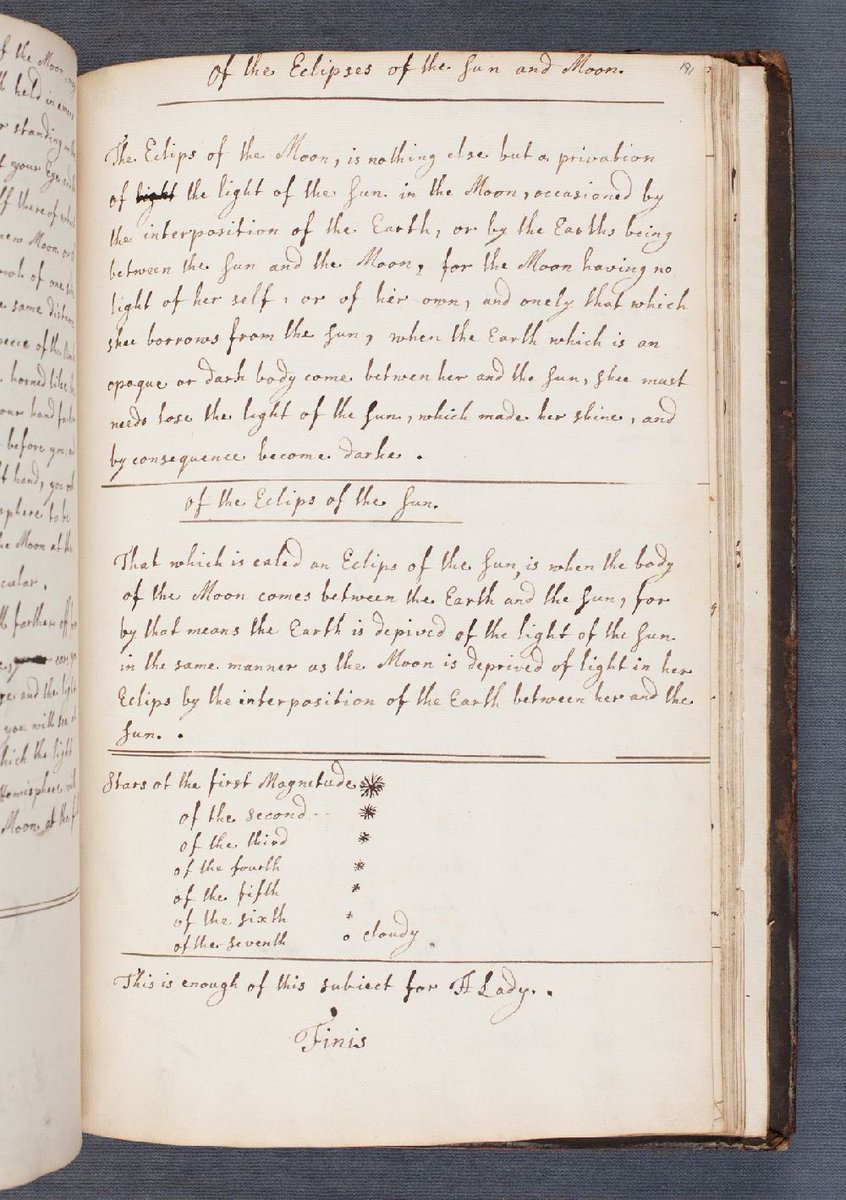 In 1682 Philip Stanhope instructed his daughter Lady Mary: “That which is caled an Eclipse of the Sun is when the body of the Moon crosses between the Earth and the Sun, for by that means the Earth is deprived of the light of the Sun” @YaleLibrary orbis.library.yale.edu/vwebv/holdings…