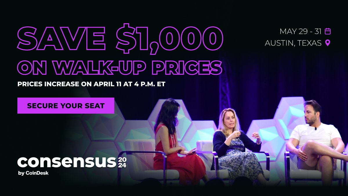 consensus2027's tweet photo. ⏰ Tick-tock! Time's running out to save $1,000 on your #Consensus2024 Pro Pass. 

Dive into the heart of crypto and blockchain action. Grab your pass before April 11 at 4 p.m. ET to save. 

🔗 https://t.co/x8sNBmUEaI https://t.co/kBWlRMlGkT