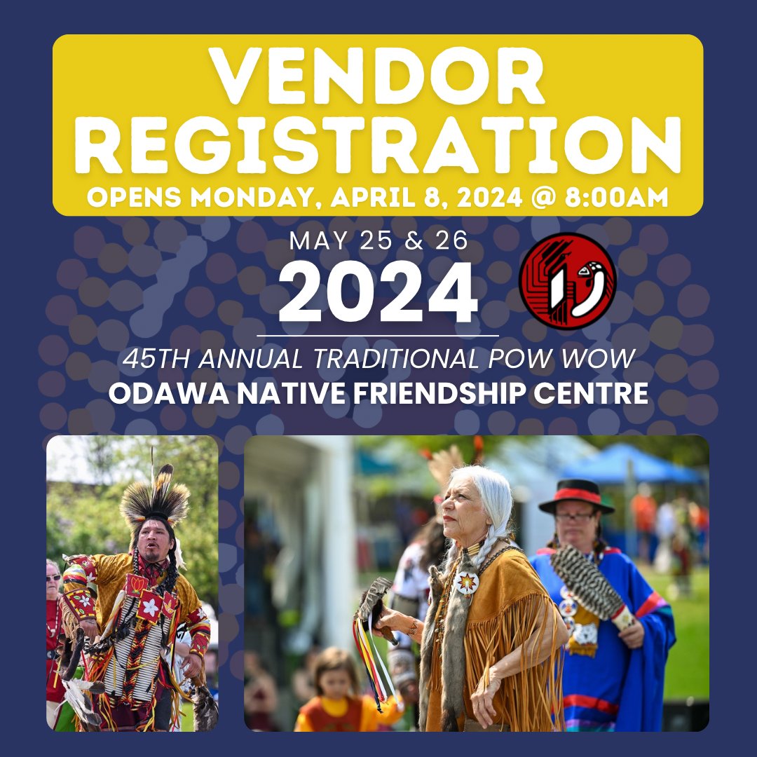 Registration for Vendors of the Pow Wow opens on Monday, April 8th at 8:00AM. All interested parties are to email Odawapowwow@odawa.on.ca to request a vendor registration form. Please allow up to 3 business days for a reply. #powwow45 #Odawa #powwowvendors #Ottawa