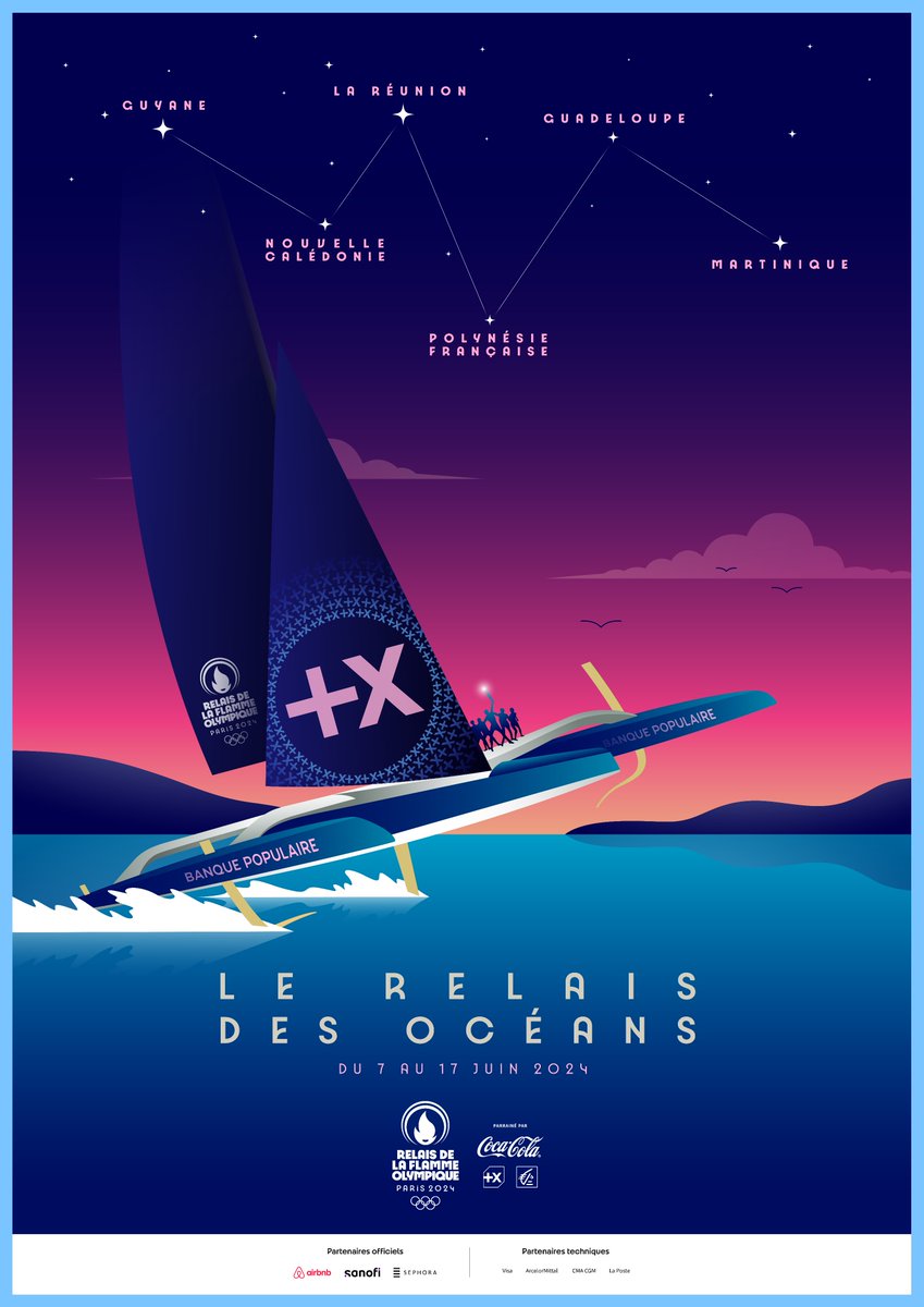 Paris 2024 (@paris2024) on Twitter photo La Flamme Olympique aux 4 coins du globe ! 🌍
Le Relais des Océans traversera 3 océans à la rencontre des Français dans 6 territoires ultramarins.
Rendez-vous le 7 juin à Brest pour le grand départ du Maxi Banque Populaire XI et son équipage direction la Guadeloupe ! 🌊 La Flamme Olympique aux 4 coins du globe ! 🌍
Le Relais des Océans traversera 3 océans à la rencontre des Français dans 6 territoires ultramarins.
Rendez-vous le 7 juin à Brest pour le grand départ du Maxi Banque Populaire XI et son équipage direction la Guadeloupe ! 🌊