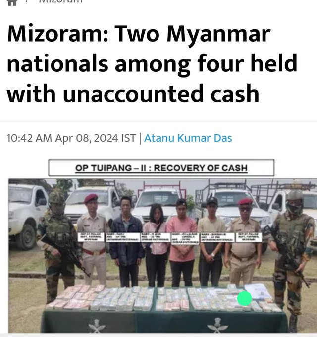 Four individuals, including two #Myanmar nationals, caught with substantial amounts of unaccounted currency in south #Mizoram's Siaha district. Assam Rifles intercepted five mini trucks at Zawngling village, seizing Myanmarese Kyat 7,74,74,500 and Indian currency worth Rs. 1 lakh
