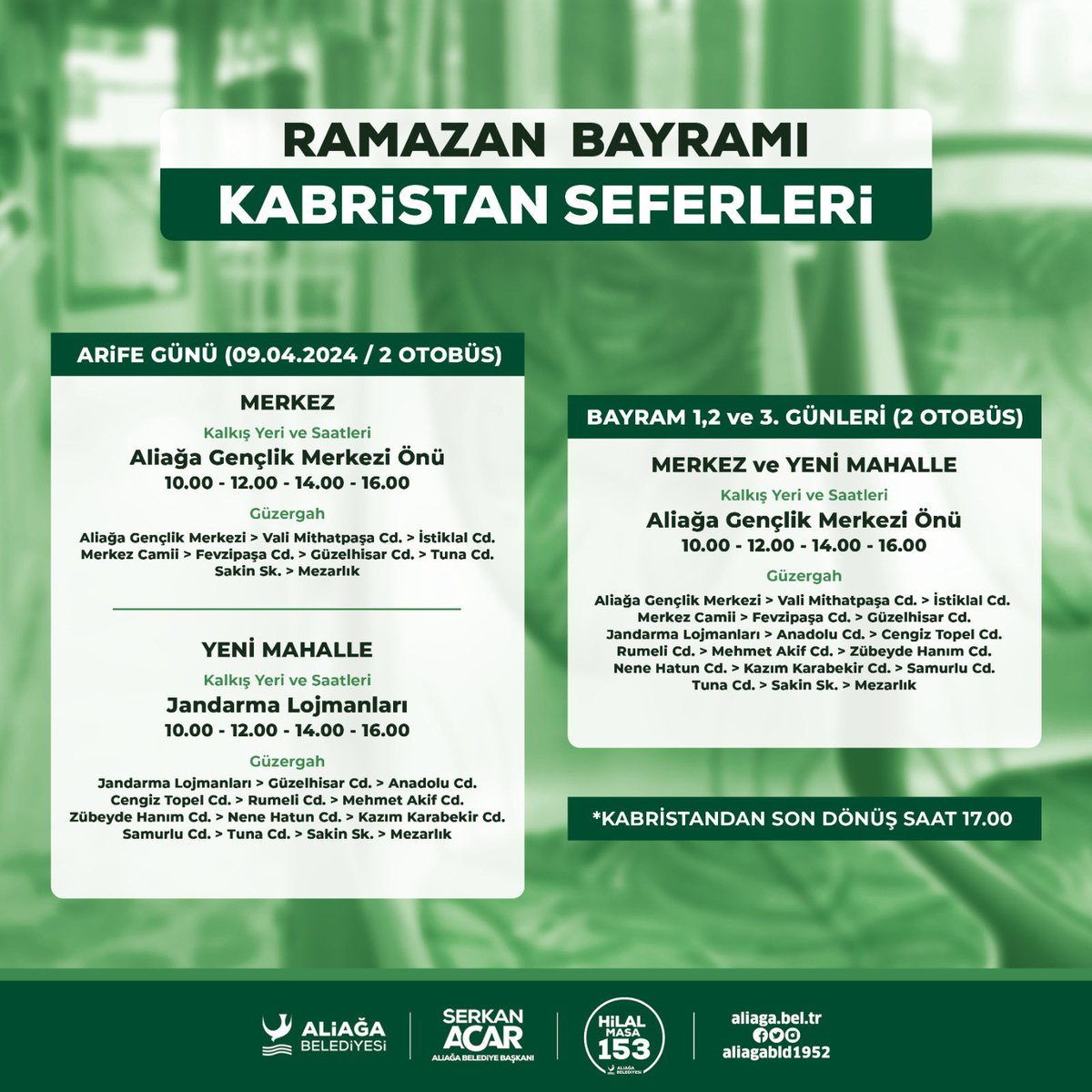 🚎 Arife günü ve bayram günlerinde kabristan ziyaretlerinizi servis araçlarımızı ücretsiz kullanarak gerçekleştirebilirsiniz. #Aliağa #AliağaBelediyesi #SerkanAcar #İzmir