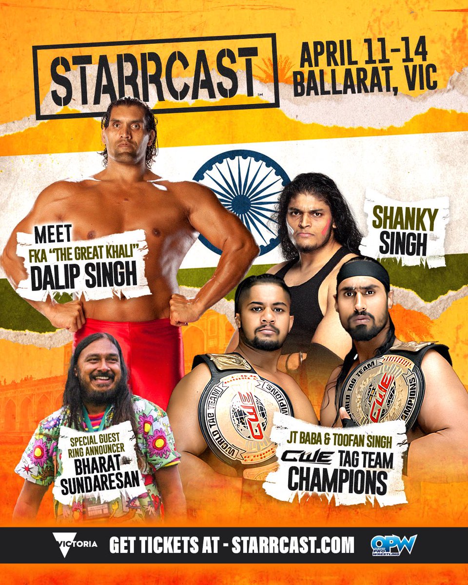 With #Wrestlemania now in the rearview, time to get to Ballarat for some more wrestling closer to home this weekend. Some big men & some big names on show, from the @GreatKhali to @EBischoff & many more at @BretHart’s #AustralianStampede, @opwlive & #StarrcastDownUnder