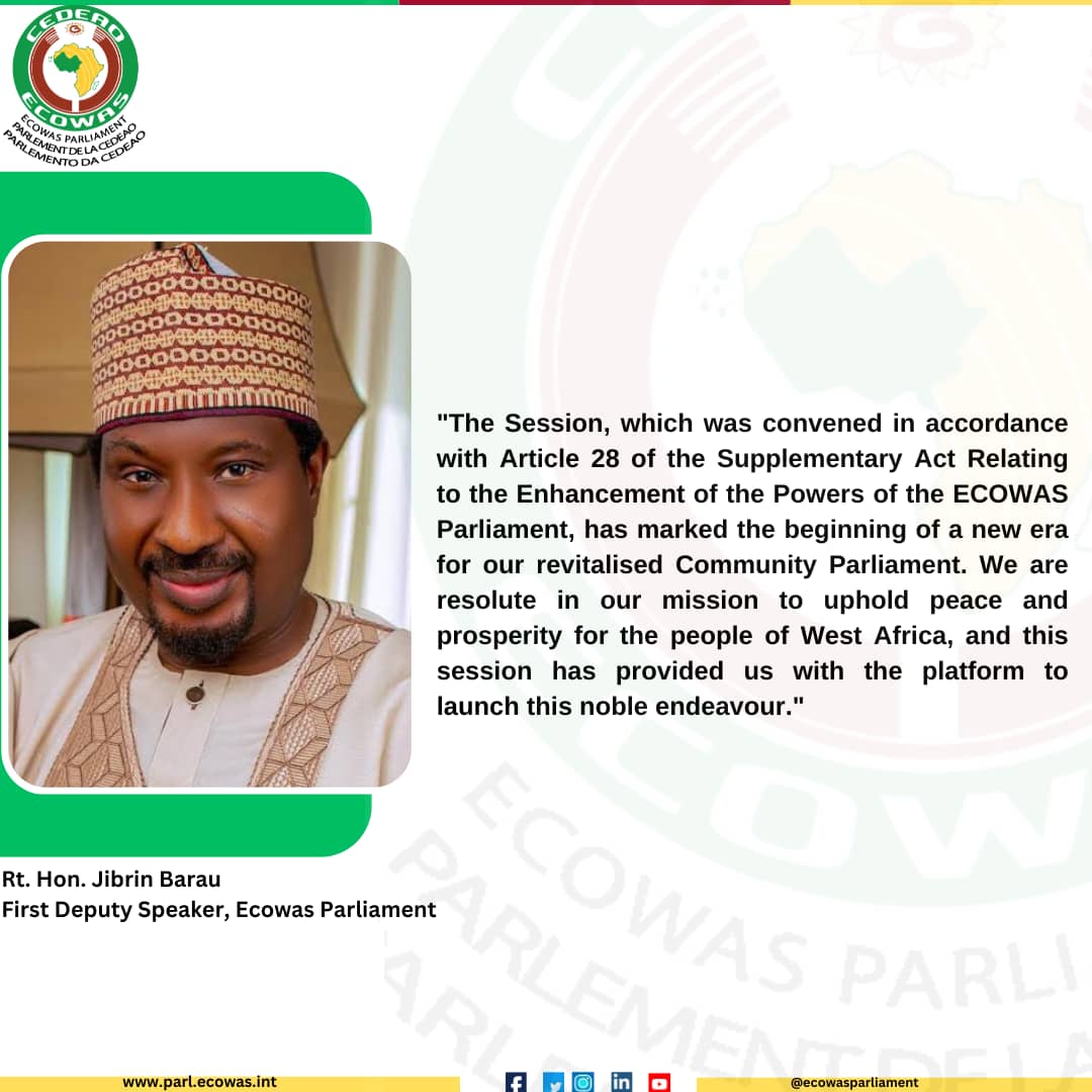 While closing the inaugural session, Sen. Jibrin Barau (Nigeria), the Rt. Hon. First Deputy Speaker, Ecowas Parliament, affirmed the 6th Legislature's commitment toward maintaining peace and prosperity in West Africa. #6thlegislature #inauguralsession