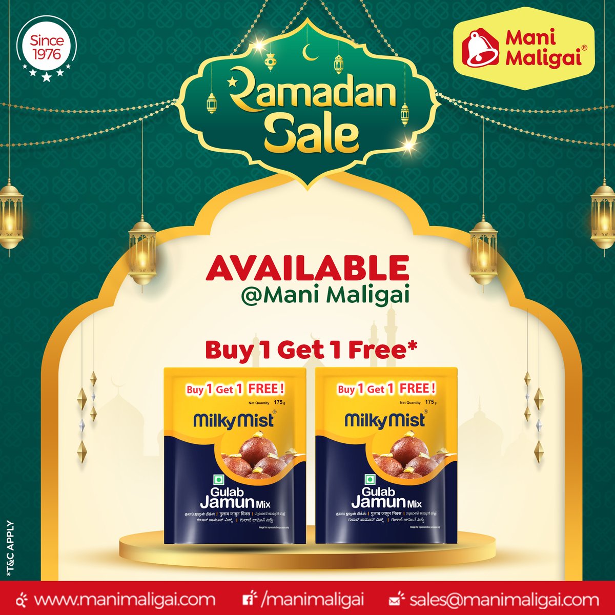 Celebrate Ramadan at Mani Maligai! Buy one pack of MilkyMist Gulab Jamun Mix and get one free. 📞99924 99924 linkto.contact/MM-WA manimaligai.com #Manimaligai #Pollachi #Groceryshop #Supermarket #RamalanSpecialSale #MilkyMistProducts #MilkyMistGulabJamunMix