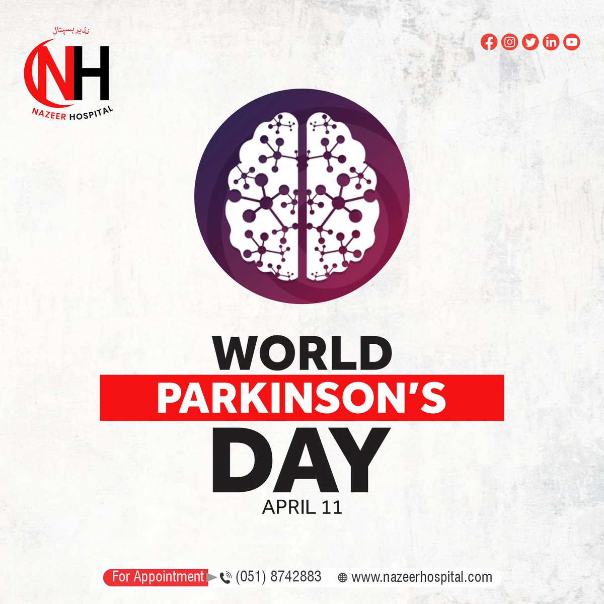 we unite to raise awareness for World Parkinson's Day!
Visit: nazeerhospital.com
Call: 051 8742883
Email: contact@nazeerhospital.com
Location: 311/2 Main Peshawar Road, Rawalpindi, Pakistan
#WorldParkinsonDay #ParkinsonsAwareness #UniteForParkinsons #HopeForACure
