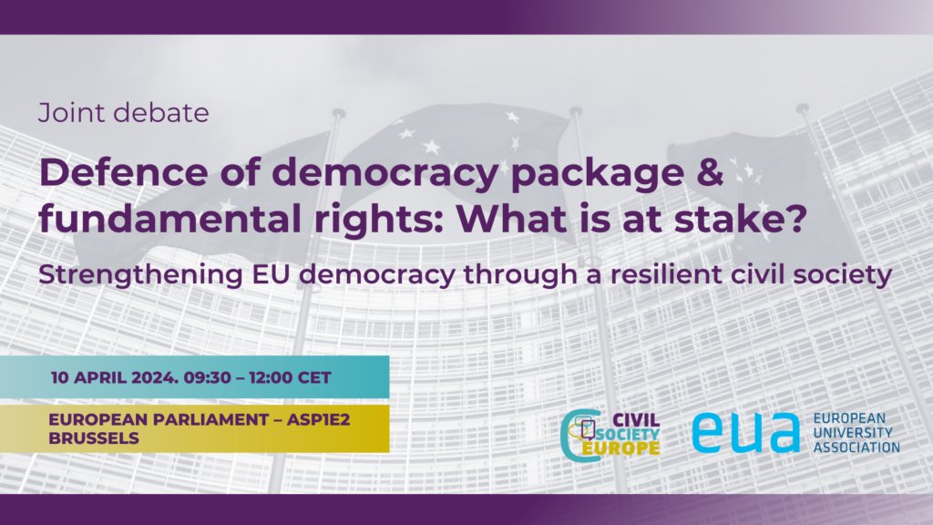 Joint @EuCivilsociety - EUA event on the Defence of Democracy Package & fundamental rights: What is at stake?
 
📆  10 April
📍  @Europarl_EN
ℹ️   bit.ly/4a1lKmZ

#EUDemocracy @MEP_Ehler @linagalvezmunoz @ScholarsatRisk @karmel80 @AlexandraGeese @Guy_Lv @sandrogozi