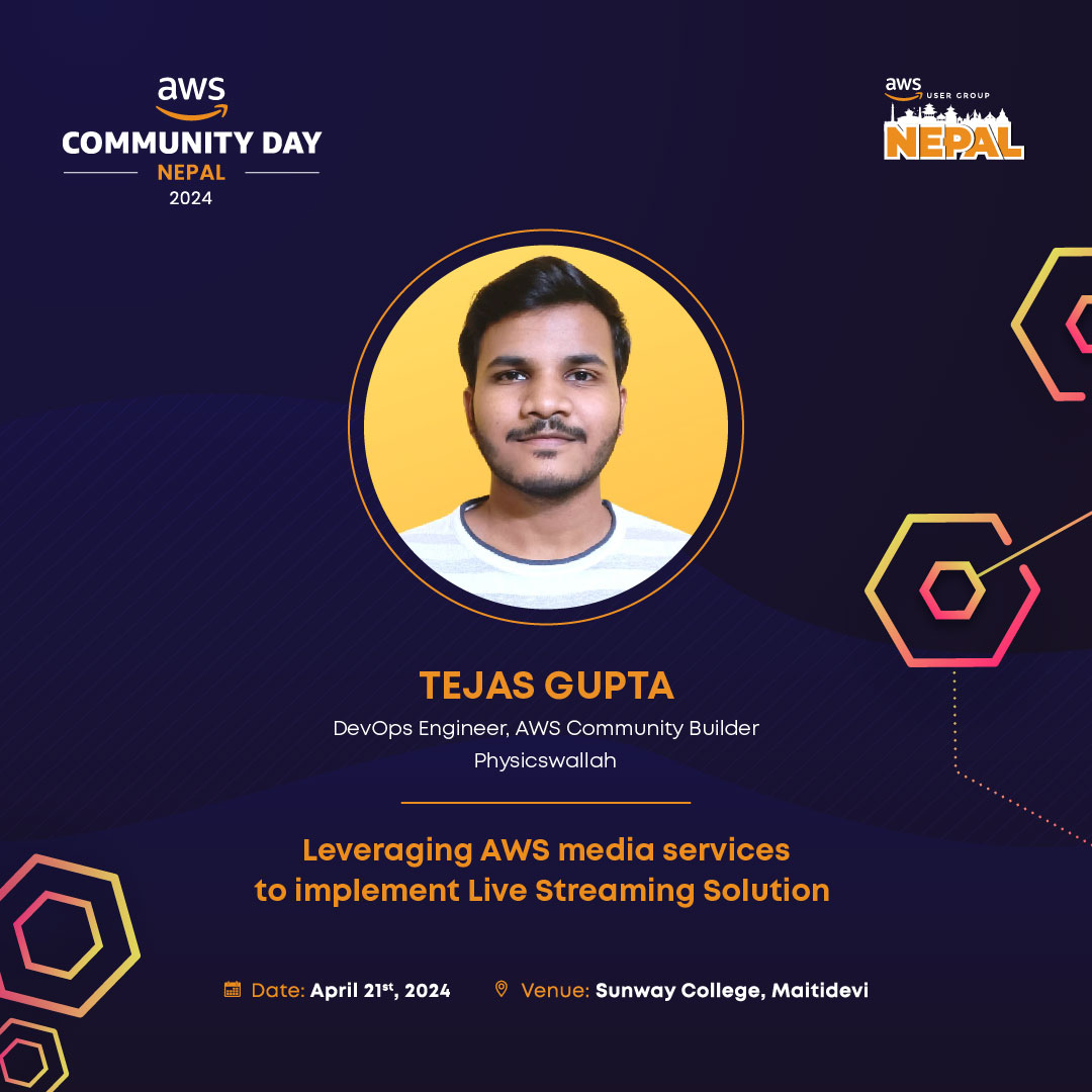 AwsugNepal's tweet photo. Introducing our Speaker!✨

We are delighted to announce Tejas Gupta as a speaker for the AWS Community Day Nepal 2024.

Tejas is a AWS Community Builder and DevOps Engineer at Physicswallah. 
🎫Book your tickets today: https://t.co/r5DrRyneYr

#AWSCommunityDay2024 https://t.co/LkzqqqAYrA
