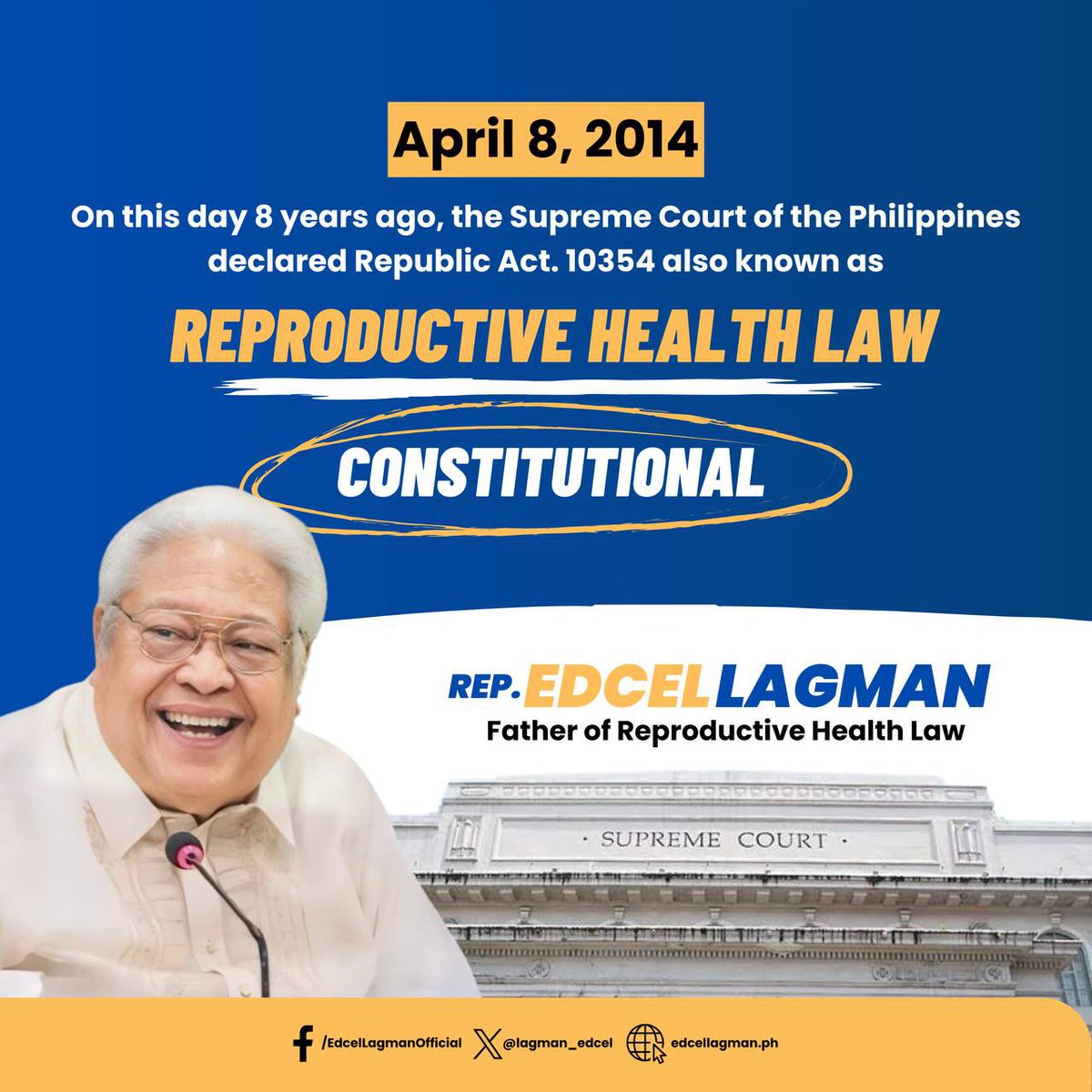 [A] ICYMI: On this day, RH Law was declared Constitutional, which Rep. Edcel Lagman valiantly authored and sponsored. #RHLaw #ReproductiveHealth #Lagman