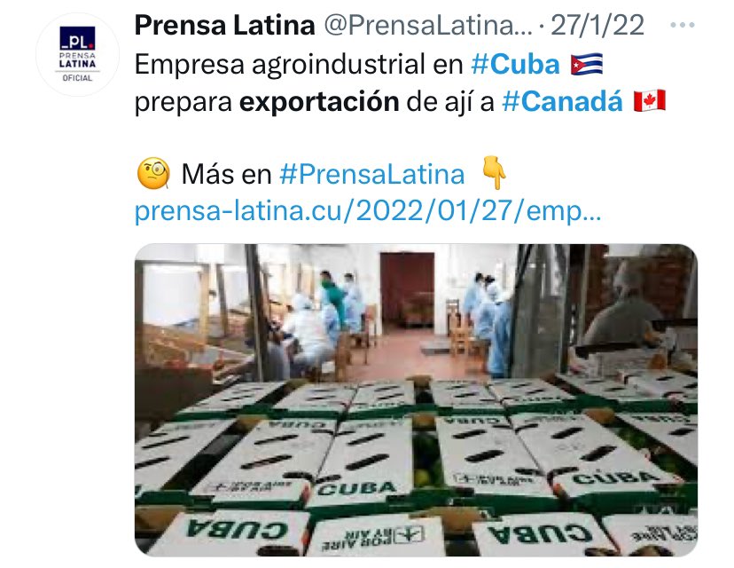 While the Cuban people complain that there is no food in the island, the Cuban state company Cítricos Caribe SA continues exporting chili peppers, mangoes and other fruits to Canada. What happened to the narrative of the 🇺🇸blockade that is killing the Cuban people from hunger?