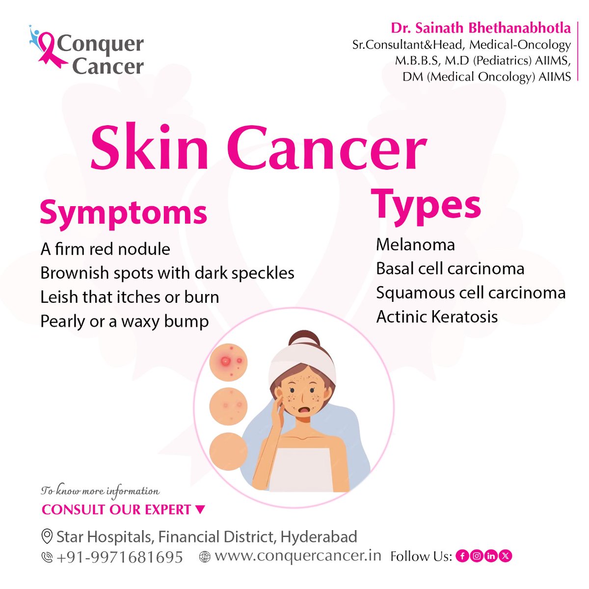 🔍 Keep an eye out! 🚨Skin cancer symptoms you shouldn't ignore:
1.Firm red nodules
2️. Brown spots with dark speckles
3️. Itchy or burning lesions
4️. Pearly or waxy bumps
Early detection saves lives! 💪

#ConquerCancer #CancerPrevention #CancerTreatment #Nanakramguda