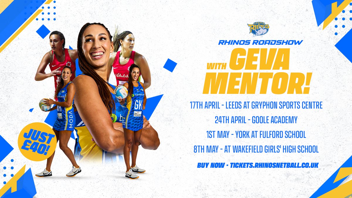 The Rhinos Roadshow with @GevaMentor is coming this Spring! Book your place at one of our four masterclass sessions, for a chance to learn from a netball legend! 👉 tickets.rhinosnetball.co.uk
