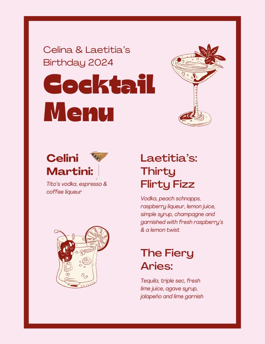 LaetitiaParente's tweet photo. Excited to reveal our signature cocktails menu for my friend's and I birthday celebration! Looking forward to treating our guests to our unique creations 🍹❤️#cocktailmenu #birthdayparty #ariesbirthday #signaturecocktails https://t.co/HnMjAcbH6I