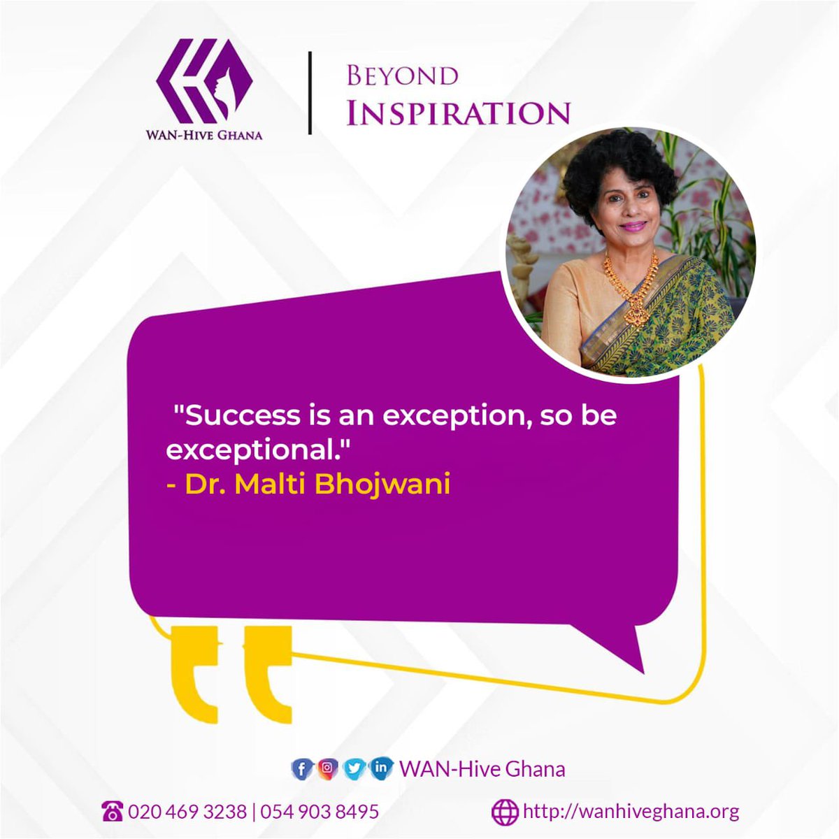 𝓑𝓮𝔂𝓸𝓷𝓭 𝓘𝓷𝓼𝓹𝓲𝓻𝓪𝓽𝓲𝓸𝓷

”Success is an exception, so be exceptional” ~ Dr. Malti Bhojwani

Have a productive week👍🏾

#Beyondinspiration #WANHiveimpacts #mondaymotivation #womenlead
