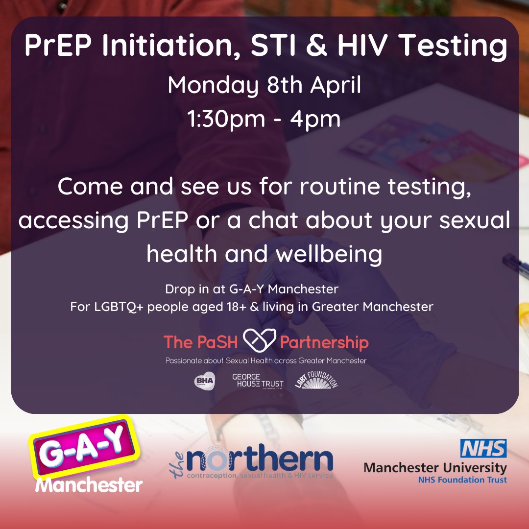 A reminder that our monthly testing & PrEP initiation is at @G_A_YManchester 1:30pm - 4pm today. Come and see us for routine STI testing, to start PrEP or even a chat about your sexual health or wellbeing.