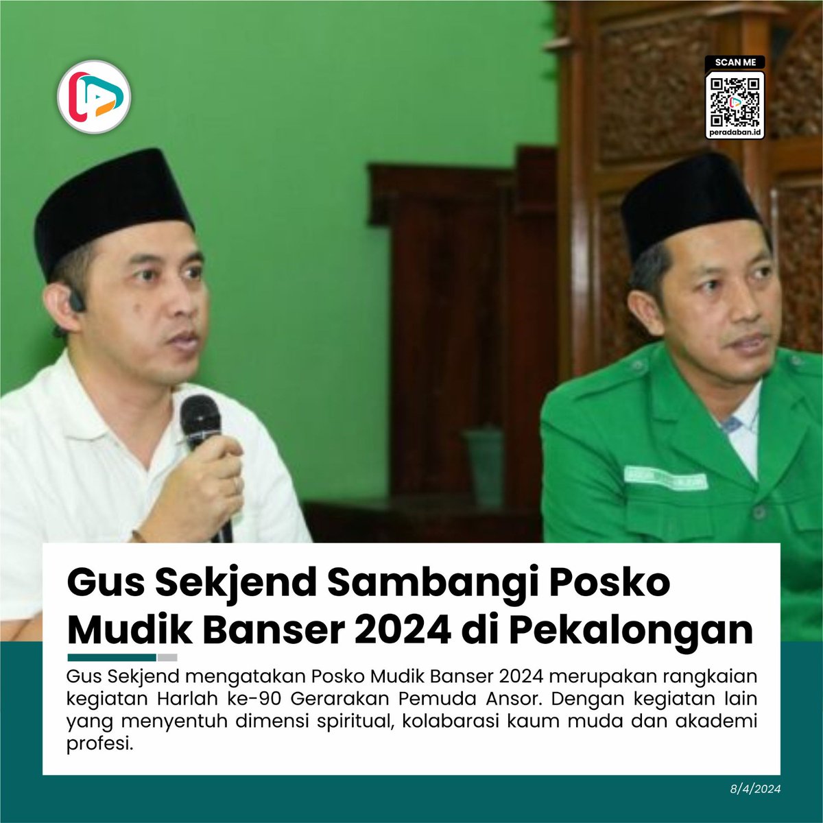 Gus Sekjend @elmoerif mengatakan Posko Mudik Banser 2024 merupakan rangkaian kegiatan Harlah ke-90 Gerarakan Pemuda Ansor. Dengan kegiatan lain yang menyentuh dimensi spiritual, kolabarasi kaum muda dan akademi profesi. peradaban.id/gus-sekjend-sa…