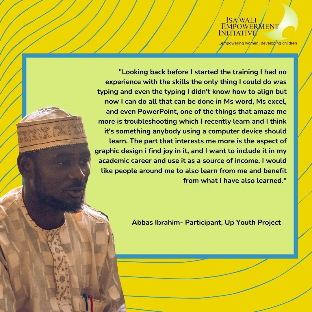 At (IWEI), we’re committed to helping young Nigerians like Abbas gain the skills they need to succeed. Through our Upyouth project, Abbas has learned valuable computer skills and graphic design, which he’s excited to use to launch a career. #Youthempowerment #Capacitybuilding